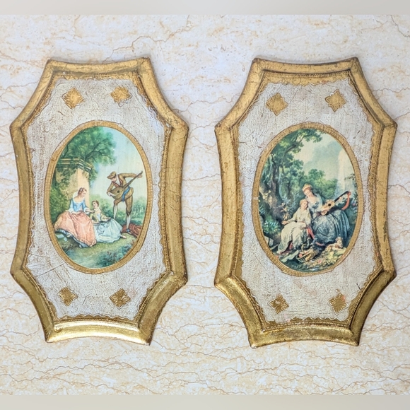 Vintage Other - Vintage Italian Gold Gilt Pair Florentine Wooden Frames Garden Scene Wall Plaque